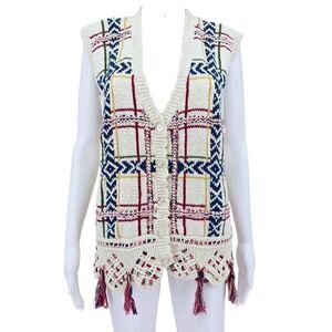 90s Tassel Sweater Cardigan Vest White L